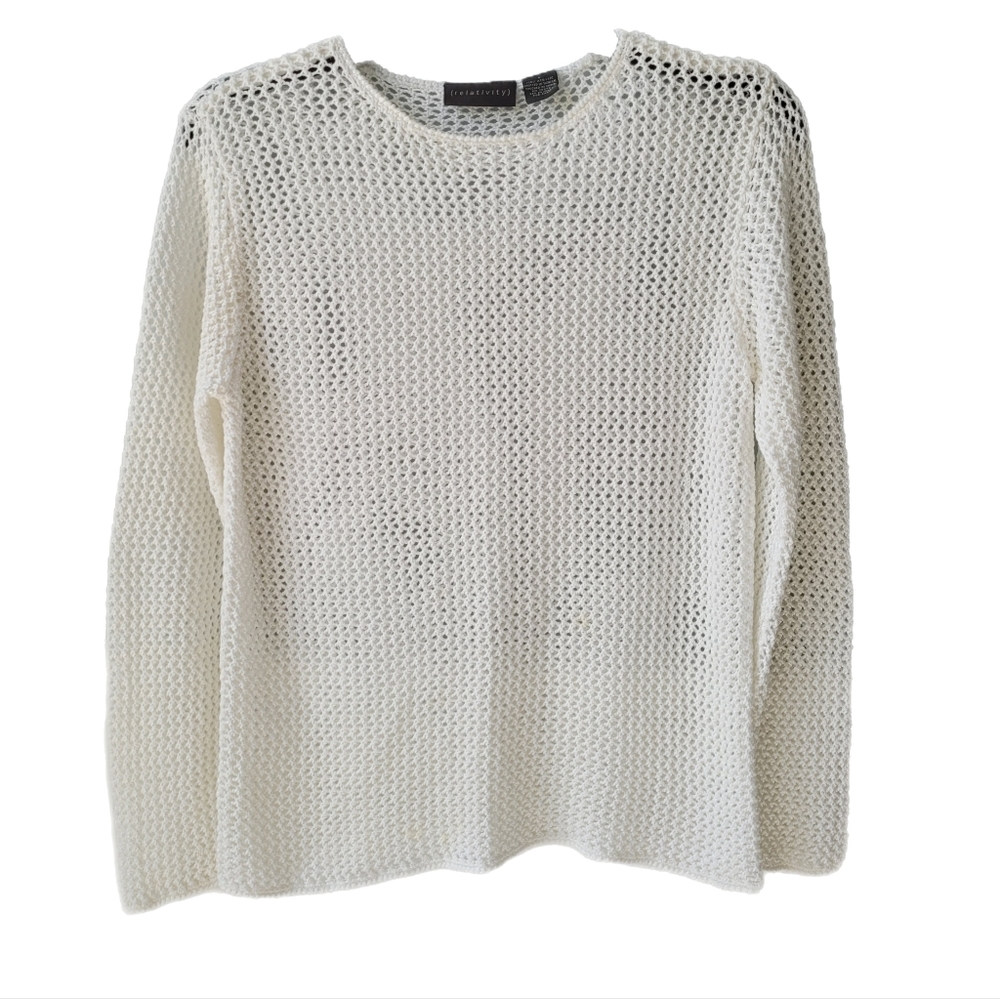 Vintage Ivory Loose Open Knit Mesh Netted See Through Sweater Top Sz Small